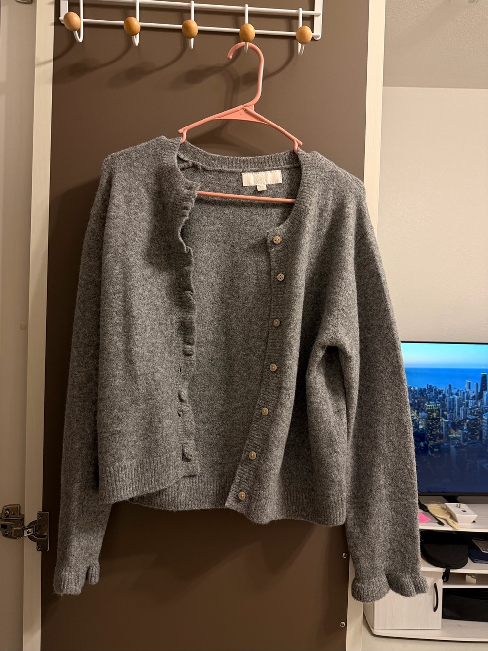 Zara Gray Ruffle-Trim Button Cardigan